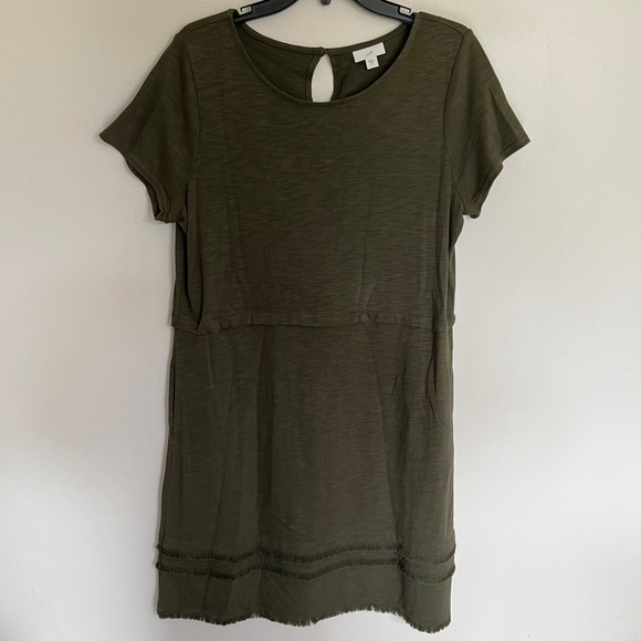 J. Jill Dresses & Skirts - J. Jill Olive‎ Green Fringe Hem Slub Knit Shift Dress Short Sleeve Size Medium